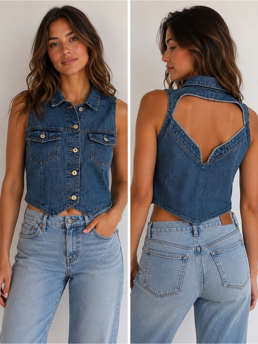 Steel Jeans Vintage Open Back Denim Vest Made in USA Size Large